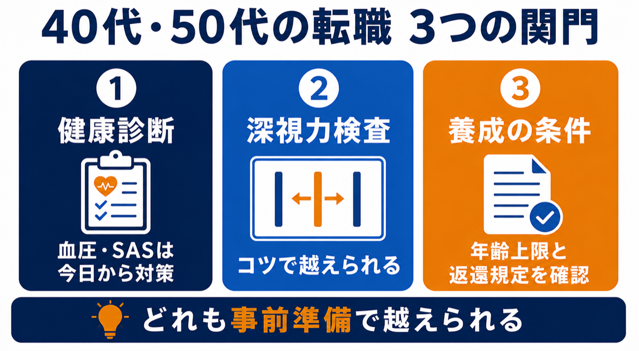 40代・50代の転職の3つの関門。①健康診断（血圧・SAS） ②深視力検査 ③養成制度の条件