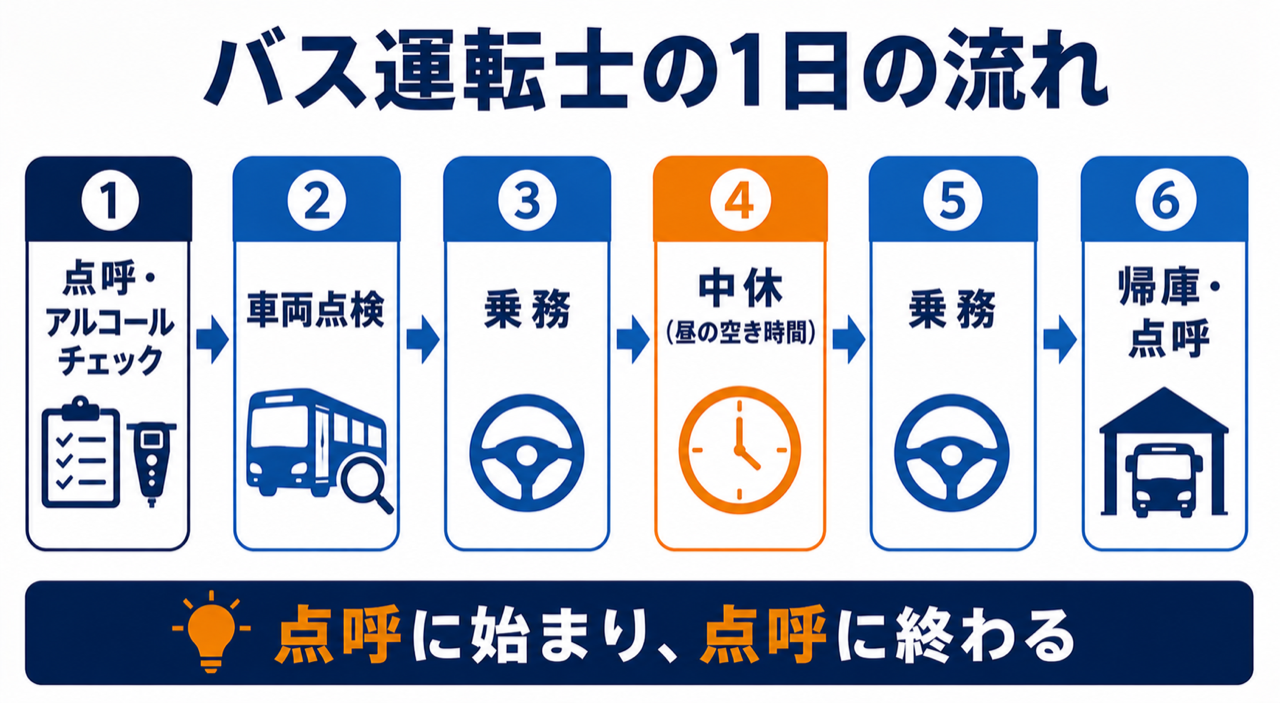 バス運転士の1日の流れ。点呼・アルコールチェック→車両点検→乗務→中休→乗務→帰庫・点呼