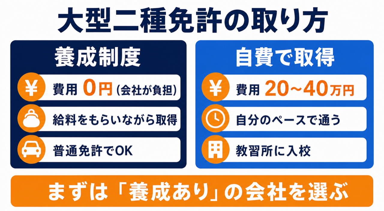 大型二種免許を養成制度と自費で取得した場合の費用・期間・条件・利点欠点の比較表