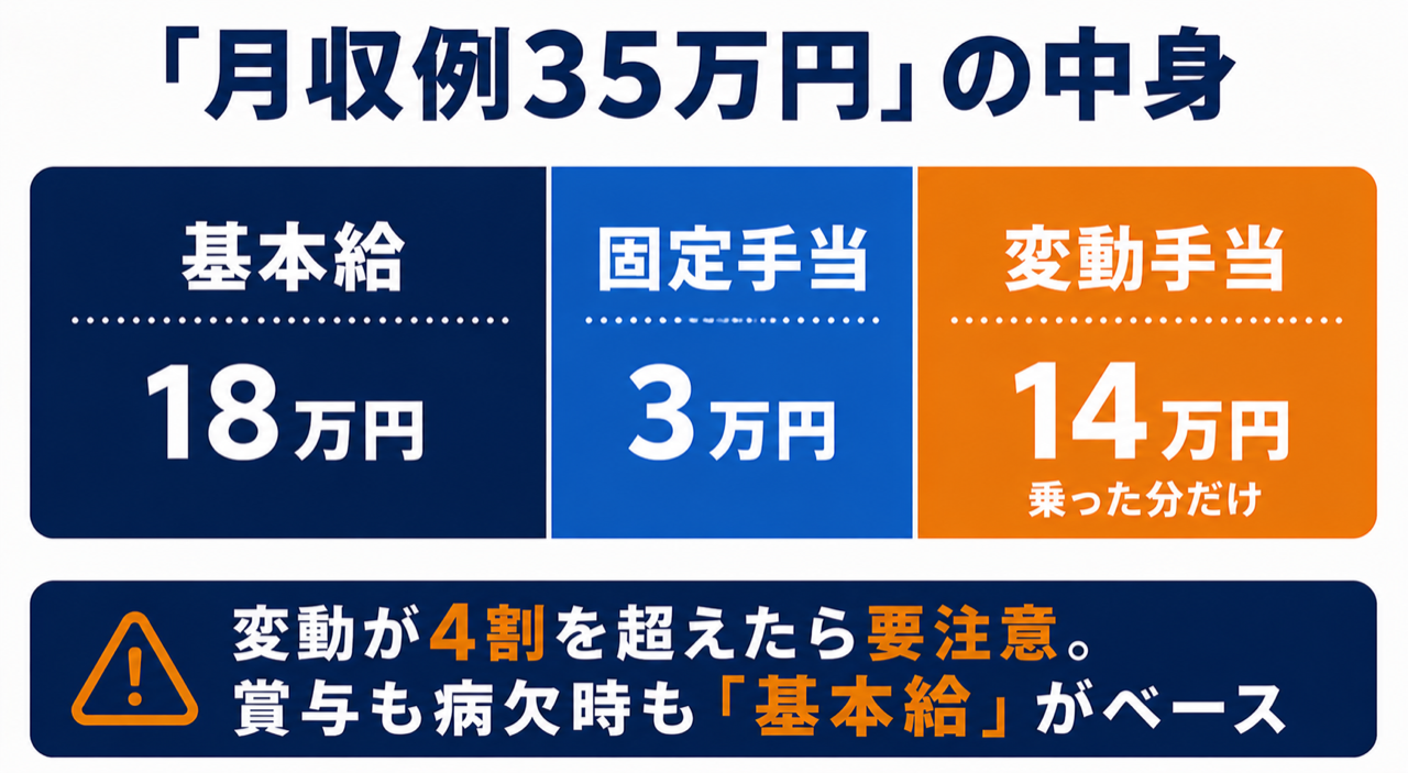 月収例35万円の内訳。基本給18万円・固定手当3万円・変動手当14万円（乗った分だけ）