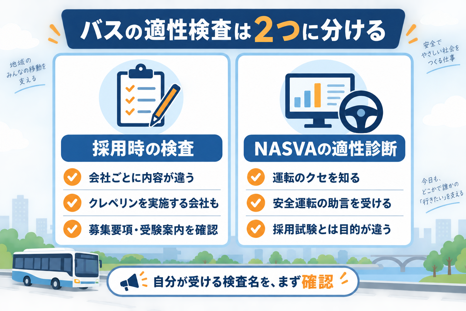 採用時の検査は会社ごとに異なりクレペリンを実施する会社もある。NASVAの適性診断は運転のクセを知り安全運転の助言を受けるもの。まず受ける検査名を確認する。